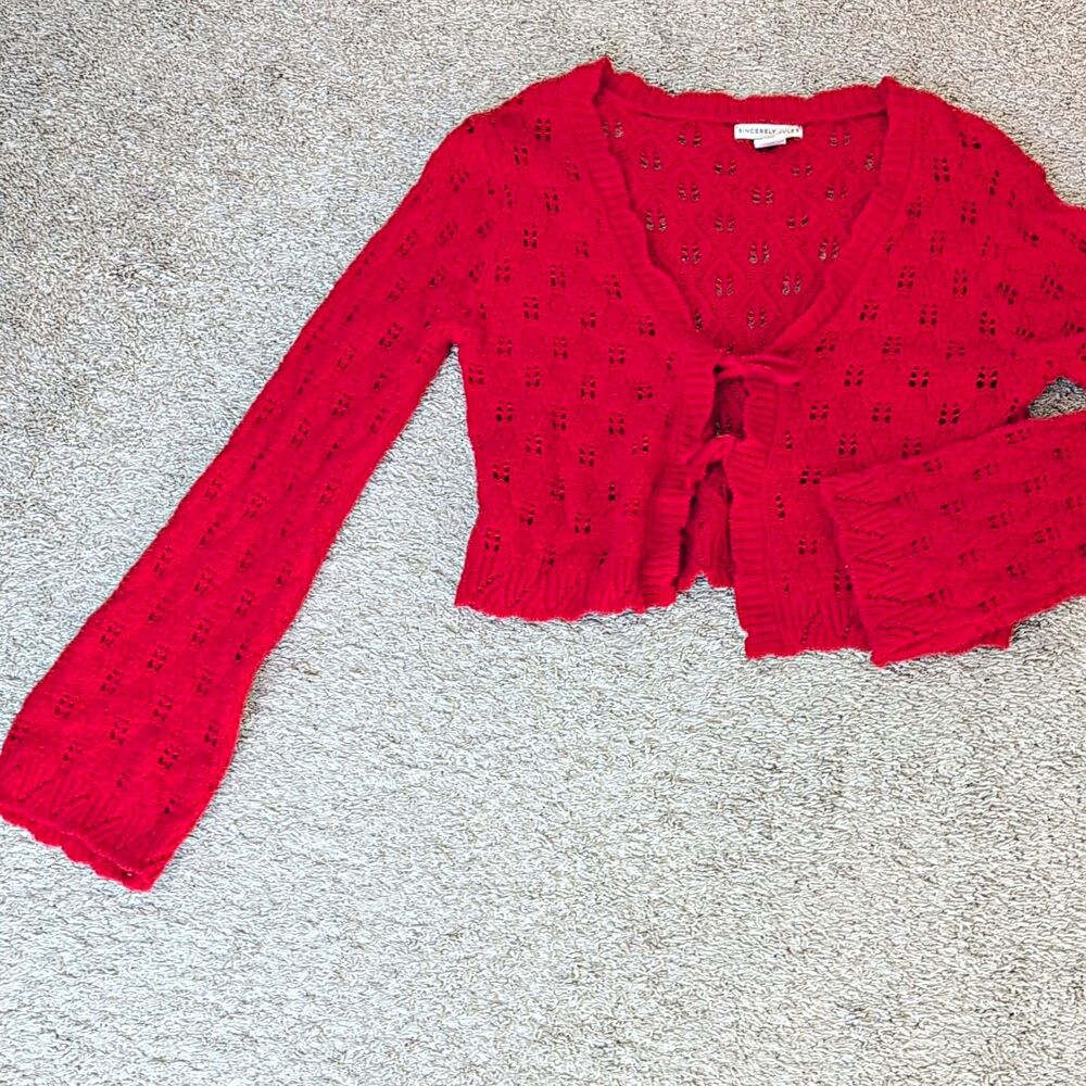 Sincerely Jules Tie Front Cardigan Open Knit Cropped Pink Red Size Medium
